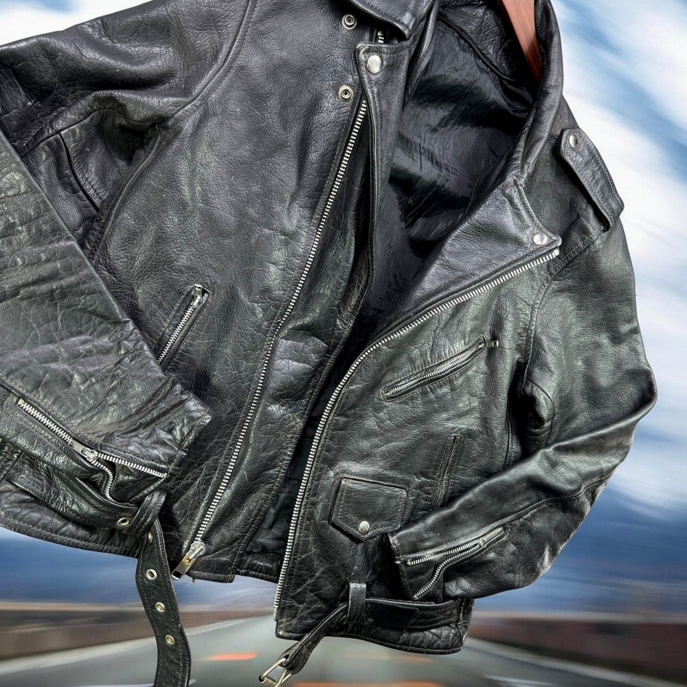 Vintage 80s Leather Biker Jacket Men 44T Black Belted Moto Punk Rock Heavy
